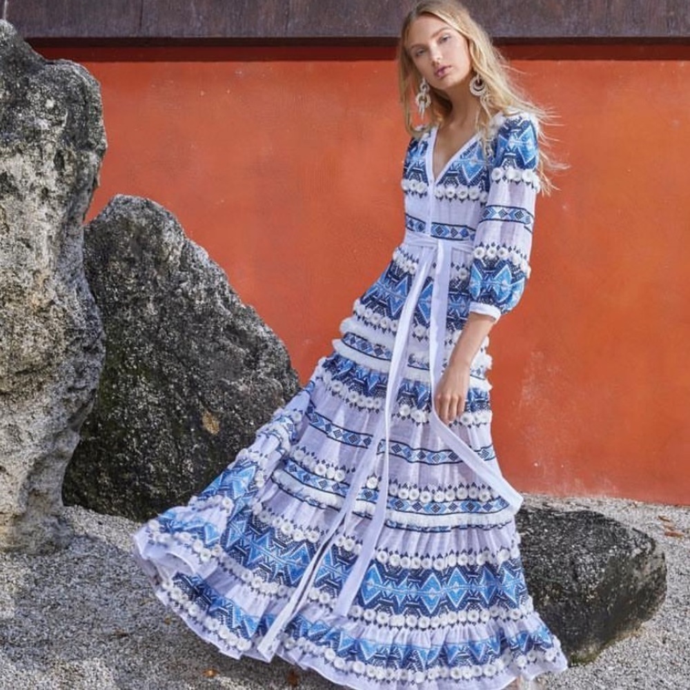 NWOT ALEXIS White & Blue Wylla Embroidered Linen Blend Maxi Dress XS - Picture 2 of 4